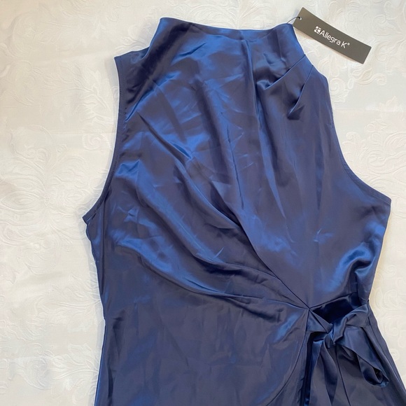 Allegra K Women Sleeveless Satin Dress Stand Collar Tie Ruched Waist Dress - Picture 10 of 13